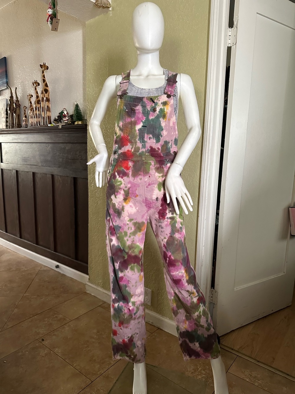 Dòen Myrtle  Tie-Dye Painter's Overalls in Pink, Green & Purple